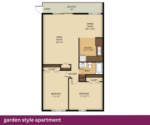 A floor plan of a garden style apartment.